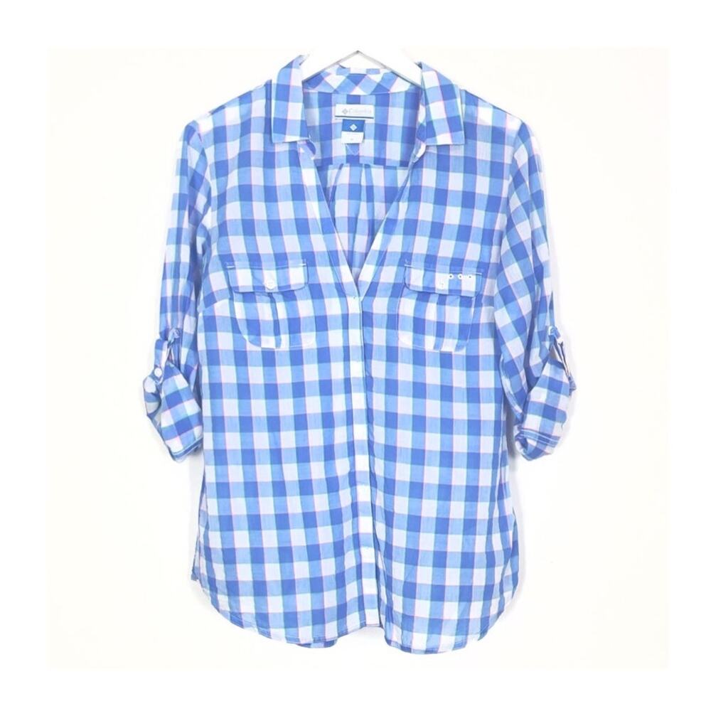 Columbia Blue and White Plaid Button Down Shirt